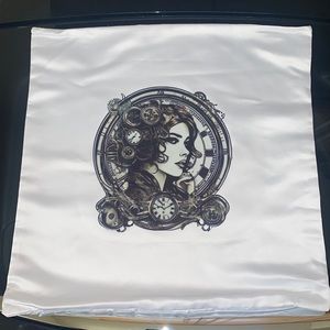 White pillow with art of woman time clock.